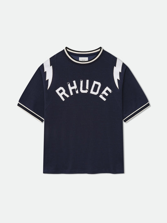 RHUDE LIGHTNING RINGER JERSEY TEE - NAVY\/WHITE